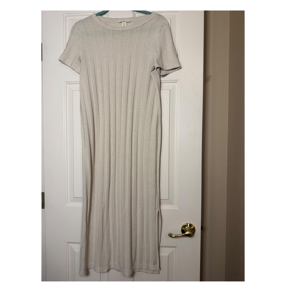 Minor flaw- see pic - HM Ribbed Knit Midi Dress Beige Short Sleeve Crew Neck Med